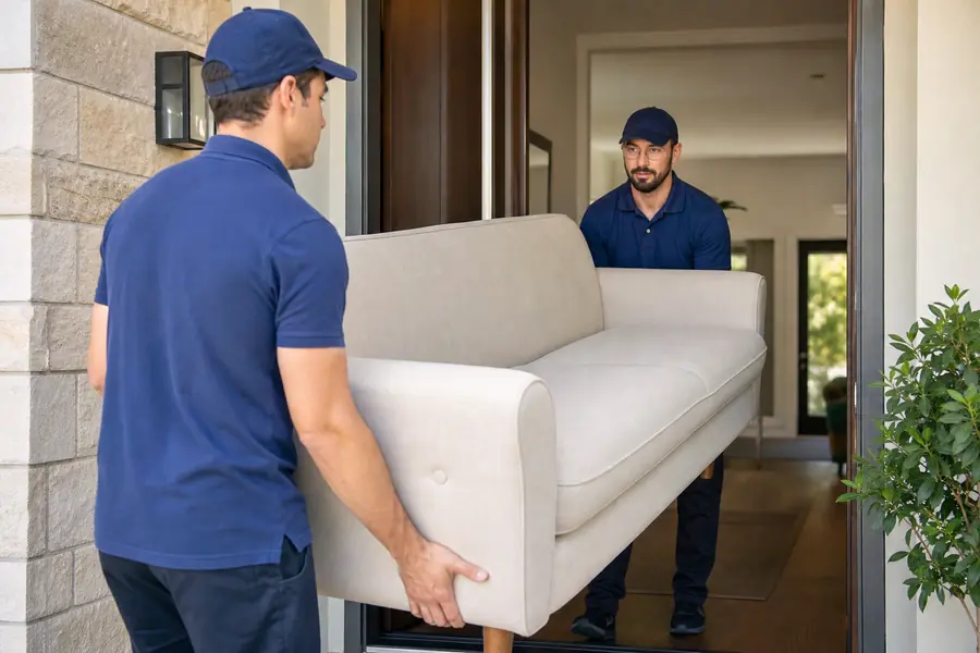 Evden eve nakliye sırasında mobilya taşıyan ekip